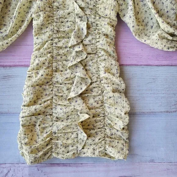 Lush Yellow Floral Puff Sleeves Ruched Ruffle Fitted Bodycon Mini Dress Small - Picture 3 of 6